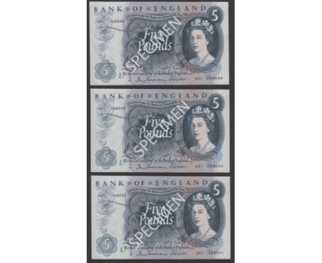 Bank of England, Jasper Q. Hollom, £5 (3), 21 February 1963, serial numbers A01 108589-91, uncirculated and a scarce consecut