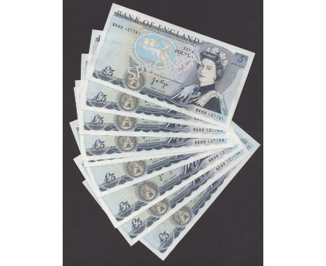 Bank of England, John B. Page, £5 (10), 1973, serial numbers BR69 122791-800, light handling, thus about uncirculated to unci