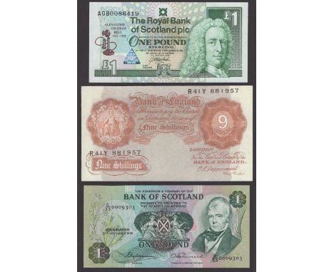 Bank of England, George M. Gill, £5 (4), 7 June 1990, Kentfield £10 (3), Lowther £10 (3), a nine shilling skit notes signed b
