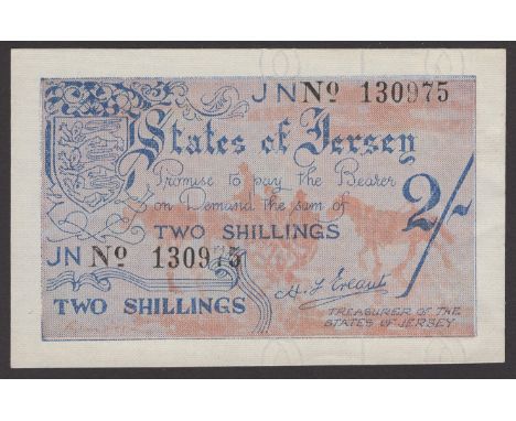 States of Jersey, 2 Shillings, ND (June 1941), serial number 1309765, light handling thus about uncirculated  BNYB JE3, McCam