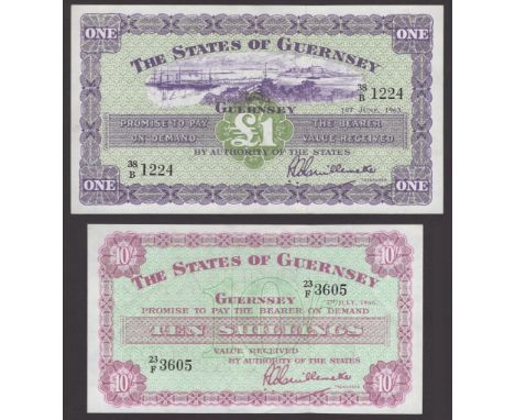 States of Guernsey, 10 Shillings, 1 July 1963 serial number 23/F 3605, £1, 1 June 1963, serial number 38/B 1224, Guillemette 