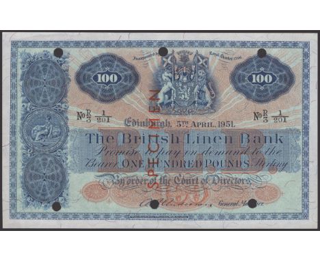 British Linen Bank, specimen £100, 5 April 1951, serial number R/3 1/201, Anderson signature, red SPECIMEN overprint, several