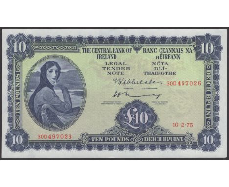Central Bank of Ireland, £10, 10 February 1975, serial number 30D 497026, Whitaker and Murray signatures, light central bend,