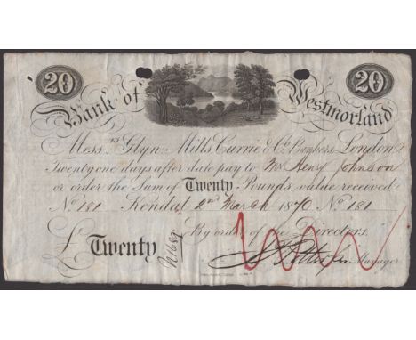 Bank of Westmorland, £20 sight note, Kendal, 2 March 1870, serial number good very fine, perforations and signature manuscrip