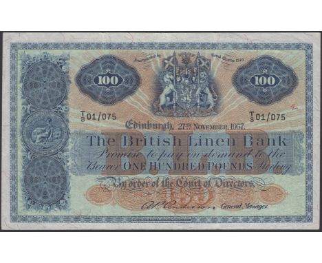 British Linen Bank, £100, 27 November 1957, serial number T3 01/075, Anderson printed signature, one small red ink mark at ri