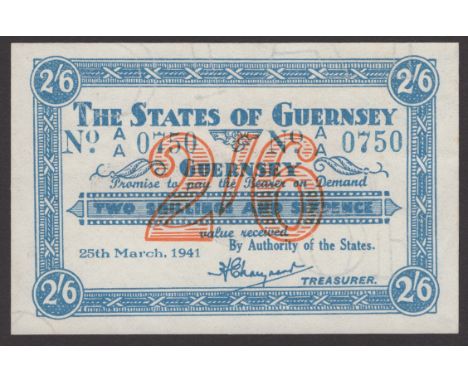 States of Guernsey, 2 Shillings and 6 Pence, 25 March 1941, serial number A/A 0750, lovely original paper quality, one light 