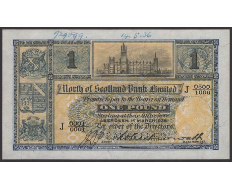 North of Scotland Bank Limited, printers archival specimen £1, 1 March 1935, serial number range J 0001/0001 to J 0500/1000, 