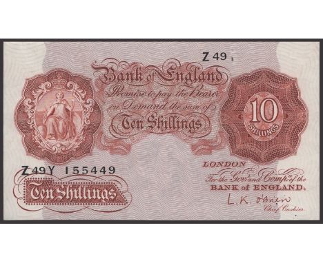 ERROR: Bank of England, Leslie K. O’Brien, 10 Shillings, 21 November 1955, serial number Z49Y 155449, most of upper right ser