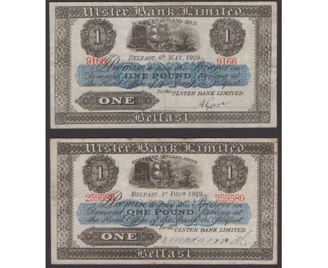 Ulster Bank Limited, £1 (2), 6 May 1929, serial number 9166, and 1 December 1929, serial number 259580, manuscript Gore signa