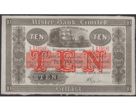 Ulster Bank Limited, £10, 1 October 1930, serial number 11866, manuscript Gore signature, about extremely fine, a beautiful e