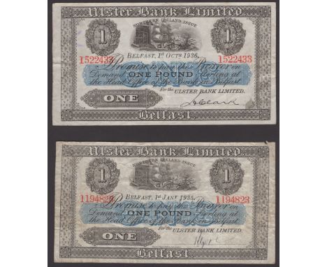 Ulster Bank Limited, £1 (2), 1 January 1935, serial number 1194823, and 1 October 1936, serial number 1522433, manuscript Gor