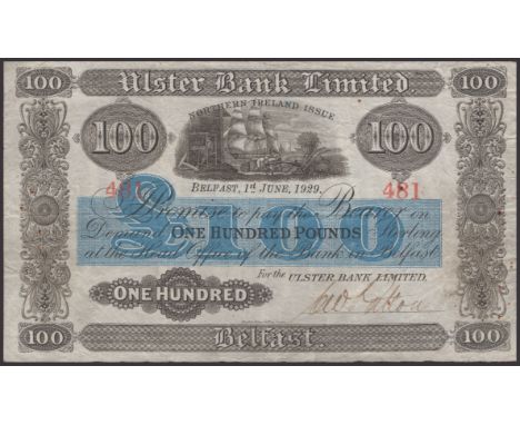 Ulster Bank Limited, £100, 1 June 1929, serial number 481, manuscript Patton signature, rust, graffiti, multiple pinholes oth