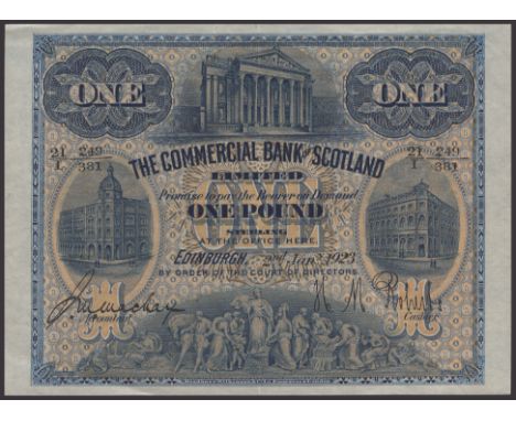 Commercial Bank of Scotland Limited, £1, 2 January 1923, serial number 21/I 249/381, Mackay and Roberts signatures, one centr