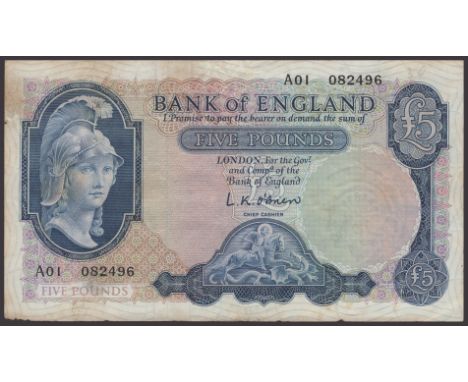Bank of England, Leslie K. O’Brien, £5, 21 February 1957, serial number A01 082496, stains and minor edge damage, but an orig
