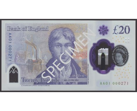 Bank of England, Sarah John, £20, 2018, serial number AA01 000271, uncirculated, a nice low number from the first run EPM B41