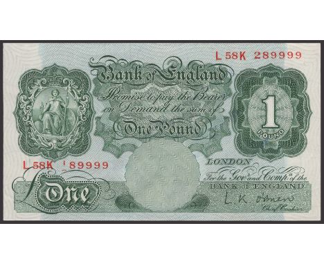 ERROR: Bank of England, Leslie K. O’Brien, £1, 21 November 1955, serial number L58K 289999, slipped first digit low left, hal