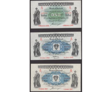 Bank of Ireland, £1, 9 March 1936, serial number B/13 192188, £1, 3 June 1937, serial number B14 550632, Frazer signature, £1