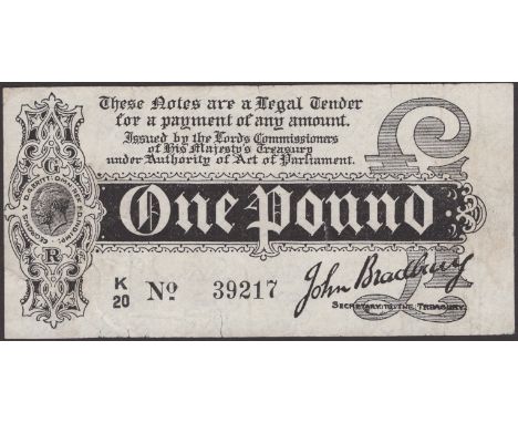 Treasury Series, John Bradbury, £1, 7 August 1914, serial number K/20 39217, several tears in margin and body of note otherwi