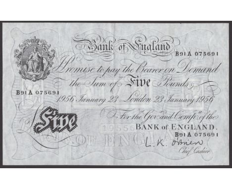 Bank of England, Leslie K. O’Brien, £5, 23 January 1956, serial number B91A 075691, last year of issue for the iconic white £