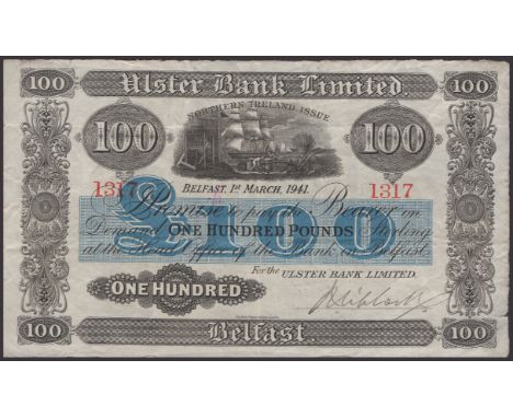 Ulster Bank Limited, £100, 1 March 1941, serial number 1317, manuscript Niblock signature, a few tears in top margin, lovely 