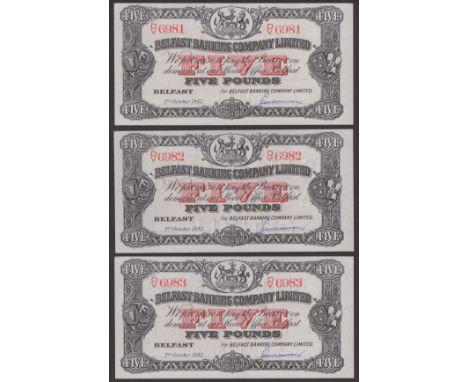 Belfast Banking Company Limited, £5 (3), 2 October 1942, consecutive serial numbers D/V 6981-83, Williamson signatures, light