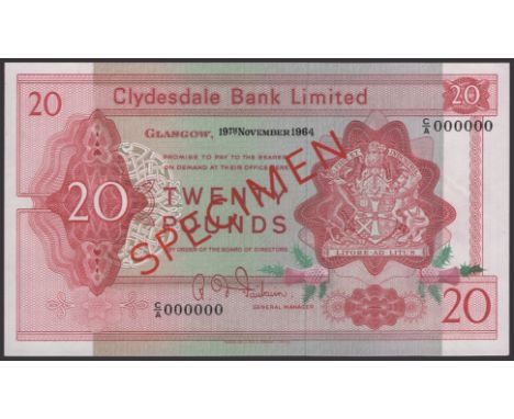 Clydesdale Bank Limited, specimen £20, 19 November 1964, serial number C/A 000000, Fairbairn signature, red SPECIMEN overprin