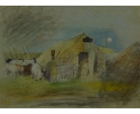 Hercules Brabazon Brabazon (British 1821-1906): Cattle Sheltering by a Bothy, pencil and pastel sketch initialled 20cm x 28cm