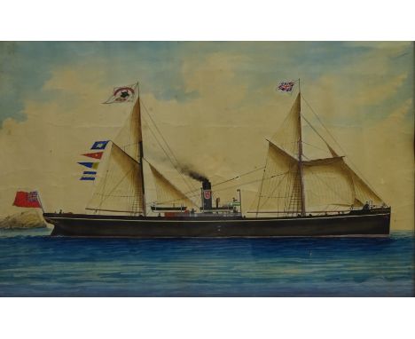 English School (Late 19th century): Steam Ship Portrait 'Emma Lawson' flying the Turnbull flag off Gibraltar, watercolour uns