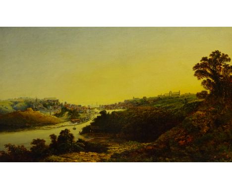 L Ashworth (19th century): Panoramic view of Whitby from above Whitehall, oil on canvas signed and dated 1884, 39.5cm x 64.5c