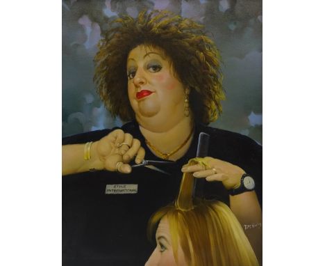 Peter J Bailey (British 1951-): 'International Hair Stylist' - Jo Brand bust portrait, oil on canvas signed, titled signed an