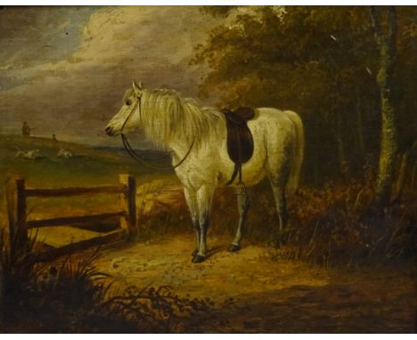 English School (19th century): Saddled Horse Waiting at the Gate, oil on oak panel unsigned 21cm x 26cm     Condition Report 