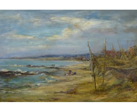 K Hamilton (19th/20th century): Figures on the Beach with Drying Nets, oil on canvas signed 39cm x 57cm   Condition Report  O
