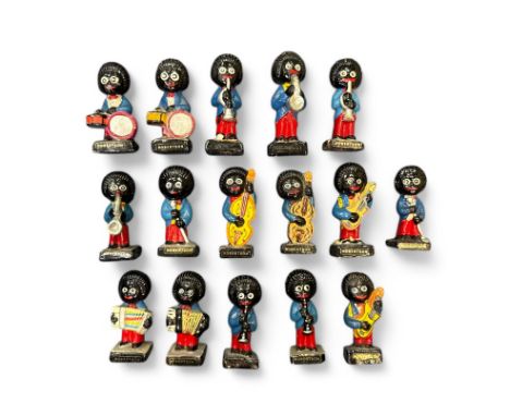 16 Robertson Hand painted plaster Golly Band Figures to include: 2 Drummers, 2 Piano Accordian players, 2 Saxophonists, 2 Dou