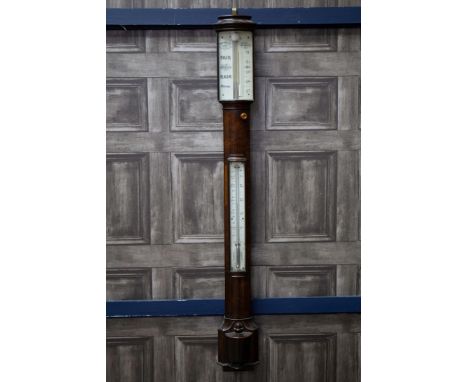 REGENCY MAHOGANY BOW-FRONTED STICK BAROMETER BY PASTORELLI &amp; CO., of London, with ivory dials, 97cm high