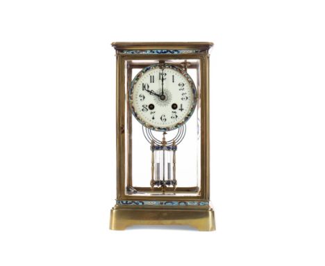 LATE 19TH CENTURY FRENCH BRASS AND CHAMPLEVE ENAMEL MANTEL CLOCK, with two train eight day movement, the white enamel dial wi