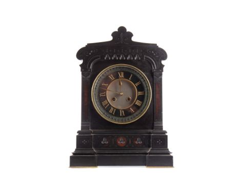 VICTORIAN BLACK SLATE MANTEL CLOCK, the two train eight day movement by Marti, the chapter ring with Roman numerals in gilt, 