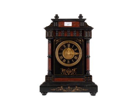 VICTORIAN BLACK SLATE AND ROUGE MARBLE MANTEL CLOCK, with central hand crank winding mechanism, the chapter ring with Roman n