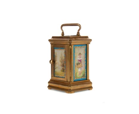 LATE 19TH CENTURY CARRIAGE CLOCK, of small proportions, the porcelain Roman numeral dial hand-painted with a woodland setting