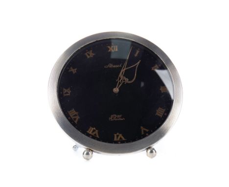 ABESSI SILVER MANTEL CLOCK IN BOX, 835 standard, the black dial with Roman numerals, with easel support, on ball feet, 16cm d