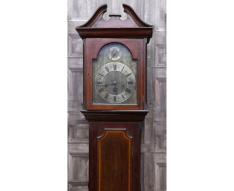 EARLY 20TH CENTURY MAHOGANY LONGCASE CLOCK, three train movement, the silvered chapter ring with Roman and Arabic numerals, s