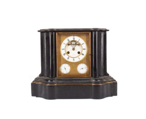 LATE 19TH CENTURY BLACK SLATE MANTEL CLOCK, the two train eight day movement by W.C. Shaw of Paris, visible escapement, the w