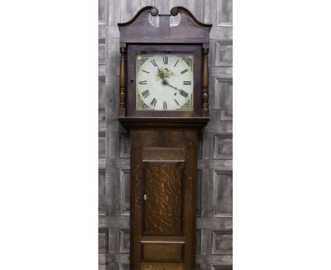 EARLY 19TH CENTURY LONGCASE CLOCK, the white enamel dial with Roman numerals, the mahogany hood with swan neck pediment, the 