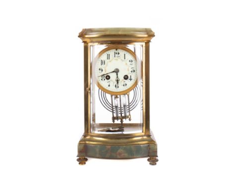 EARLY 20TH CENTURY MANTEL CLOCK, with two train eight day movement, the white enamel dial with Arabic numerals and painted wi