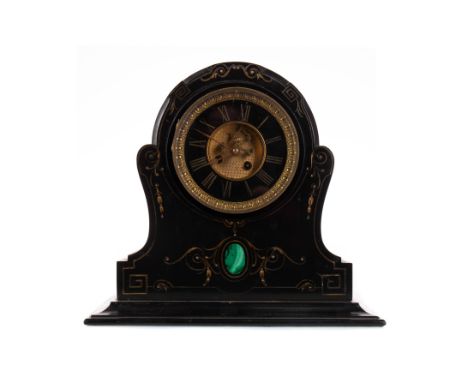 VICTORIAN BLACK SLATE MANTEL CLOCK, with two train eight day movement and visible escapement, the chapter ring with Roman num