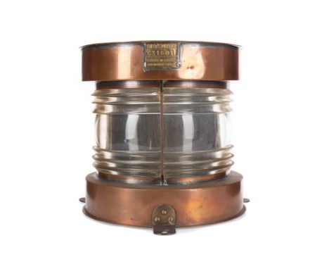 EARLY 20TH CENTURY SHIPS COPPER MASTHEAD LAMP, with brass plaque inscribed 'Meteorite 031601', ribbed glass shade, 33cm high