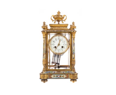 LATE 19TH CENTURY FRENCH GILTMETAL AND CHAMPLEVE ENAMEL MANTEL CLOCK, with two train eight day movement, the white enamel dia