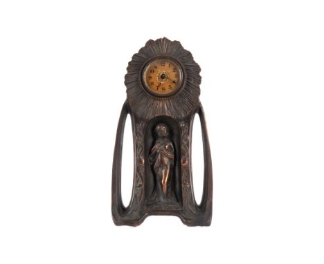 ART NOUVEAU FIGURAL MANTEL CLOCK, with one train movement, the paper dial with Arabic numerals, contained in a sunburst surro