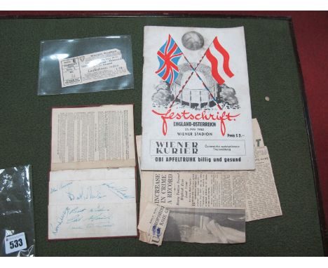 Austria v. England 1952, a programme Wiener Kurier Festschrift issue (slight rusty staples), together with a match ticket. Bo