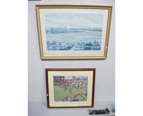 Cricket Autographs, Dexter, Denness, Illingworth, Hutton, May, etc. Ink Signed on a '1980 Test' print (faded). Joe Scarboroug