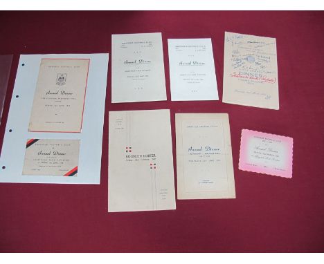 Sheffield F.C Re-Union Dinner Menu 1947, annual dinner menus 1957, 58 and ticket, 64, 66 and 68 ticket, Yorkshire league menu
